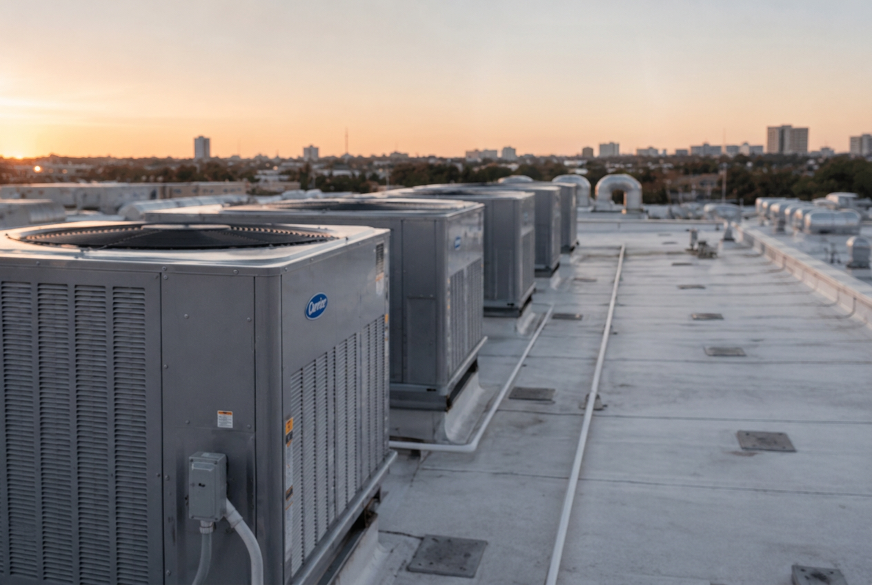 Commercial rooftop HVAC units at sunset